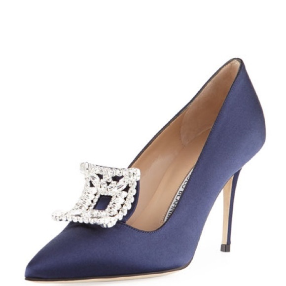 Manolo Blahnik Navy Satin Heels with Crystal Detail - Picture 3 of 9